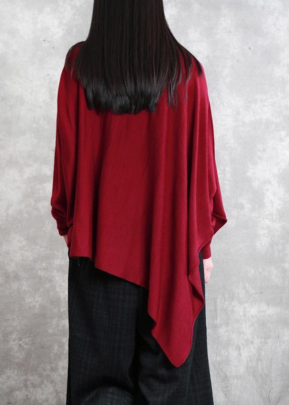 Loose red tops asymmetric hem oversized high neck blouse - SooLinen