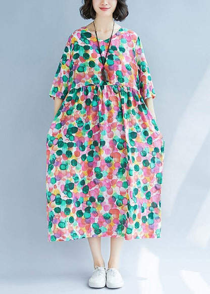 Loose rose dotted prints cotton linen Wardrobes short sleeve Kaftan summer Dress - SooLinen