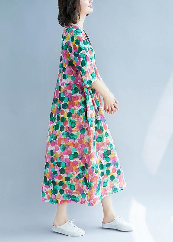 Loose rose dotted prints cotton linen Wardrobes short sleeve Kaftan summer Dress - SooLinen