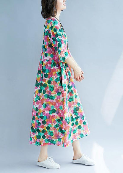 Loose rose dotted prints cotton linen Wardrobes short sleeve Kaftan summer Dress - SooLinen