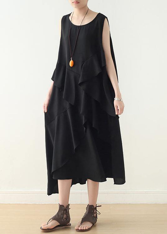 Loose sleeveless chiffon Long Shirts Catwalk black asymmetric hem Art Dress summer - SooLinen
