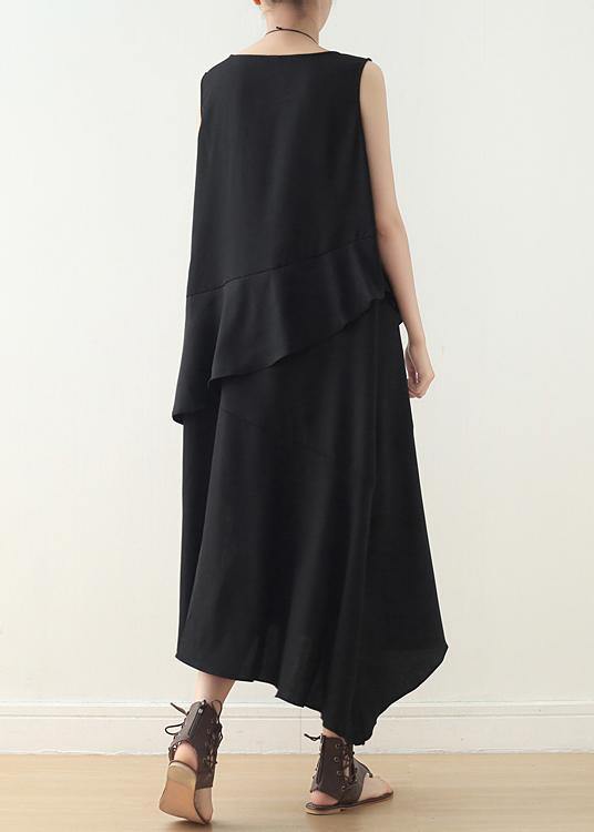 Loose sleeveless chiffon Long Shirts Catwalk black asymmetric hem Art Dress summer - SooLinen