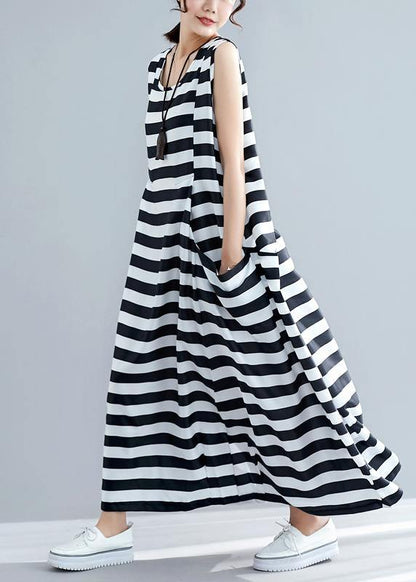 Loose sleeveless o neck black striped cotton robes Dress summer - SooLinen
