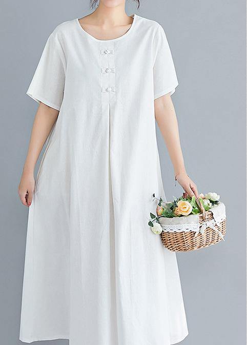 Loose solid color cotton clothes Tutorials white Art Dress summer - SooLinen