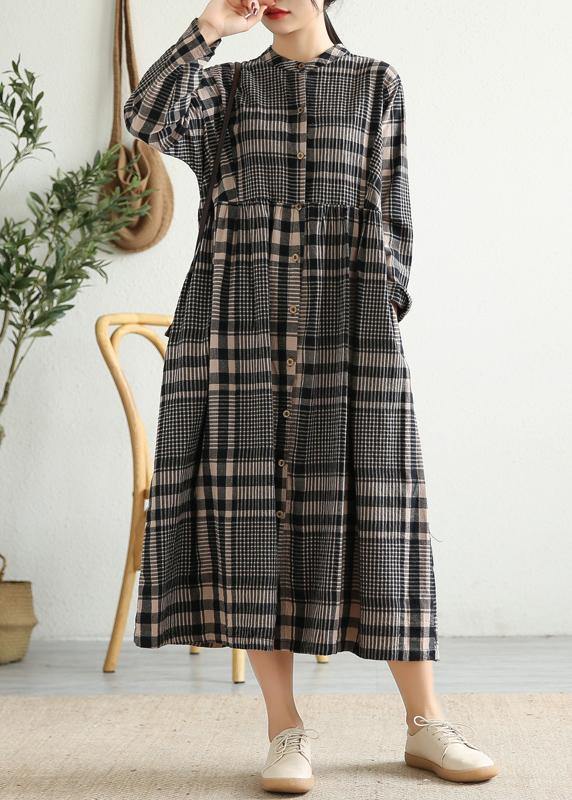 Loose stand collar Cinched linen Tunics Shape black plaid Dresses - SooLinen