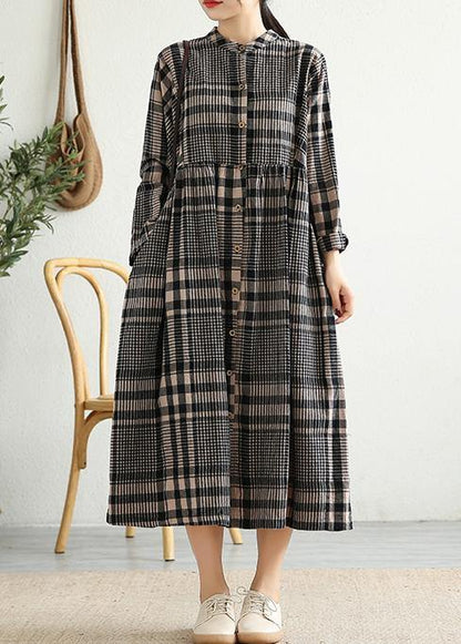 Loose stand collar Cinched linen Tunics Shape black plaid Dresses - SooLinen