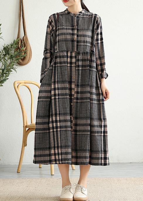 Loose stand collar Cinched linen Tunics Shape black plaid Dresses - SooLinen