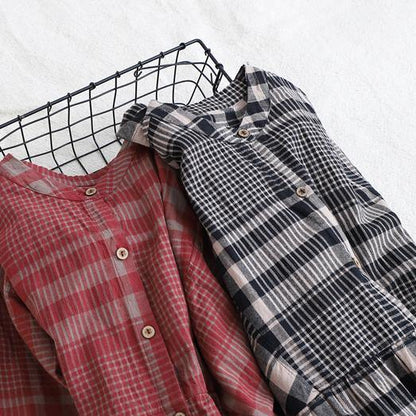 Loose stand collar Cinched linen Tunics Shape black plaid Dresses - SooLinen