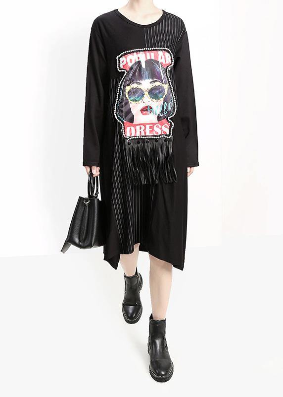 Loose tassel cotton patchwork quilting clothes pattern black prints A Line Dresses - SooLinen