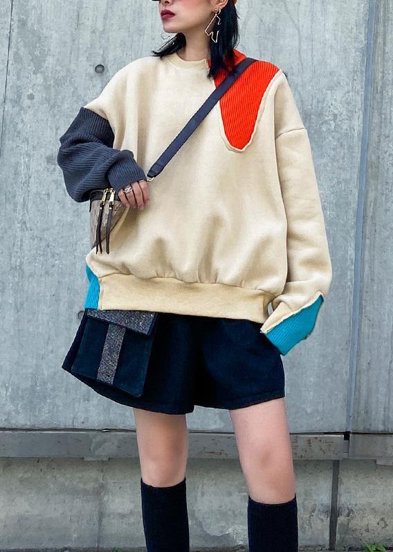 Loose thick cotton patchwork color blouses for women Wardrobes khaki blouse - SooLinen