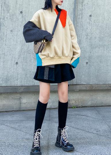 Loose thick cotton patchwork color blouses for women Wardrobes khaki blouse - SooLinen