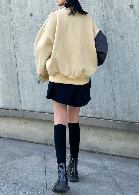 Loose thick cotton patchwork color blouses for women Wardrobes khaki blouse - SooLinen