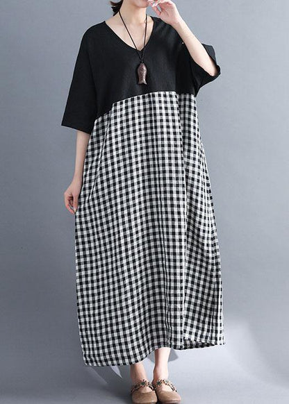 Loose v neck cotton clothes Women Shirts black patchwork Maxi Dresses summer - SooLinen