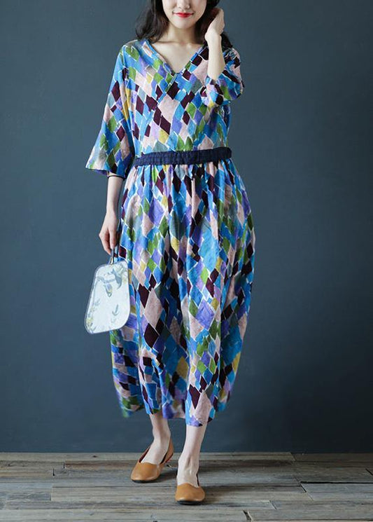 Loose v neck drawstring cotton summer dresses Sleeve plaid Maxi Dresses - SooLinen