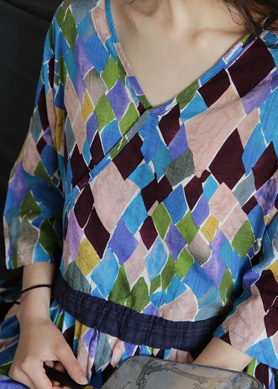 Loose v neck drawstring cotton summer dresses Sleeve plaid Maxi Dresses - SooLinen