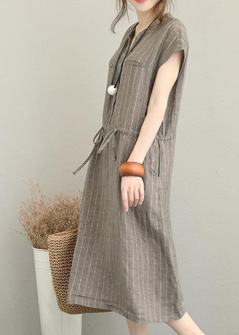 Loose v neck drawstring linen summer Robes Neckline kahki striped Dresses - SooLinen