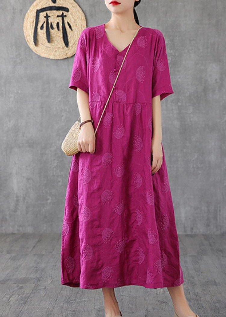 Loose v neck embroidery linen clothes For Women Sleeve rose Dresses - SooLinen