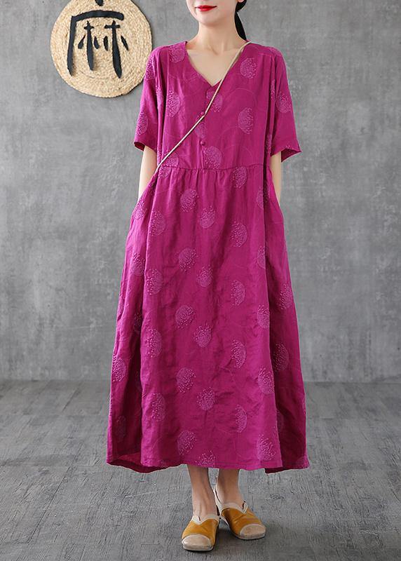 Loose v neck embroidery linen clothes For Women Sleeve rose Dresses - SooLinen