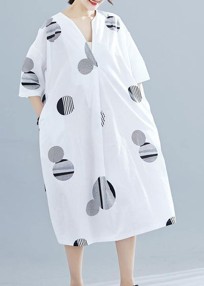Loose v neck half sleeve linen Tunics Neckline white dotted Dress summer - SooLinen
