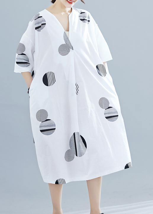 Loose v neck half sleeve linen Tunics Neckline white dotted Dress summer - SooLinen