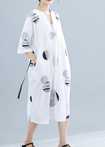 Loose v neck half sleeve linen Tunics Neckline white dotted Dress summer - SooLinen
