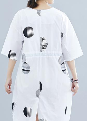 Loose v neck half sleeve linen Tunics Neckline white dotted Dress summer - SooLinen
