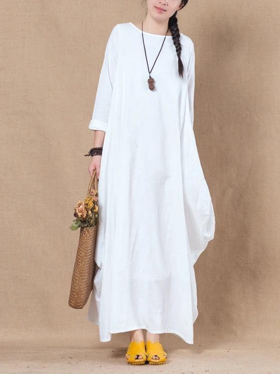 Loose white cotton linen dress o neck asymmetric A Line spring Dresses - SooLinen