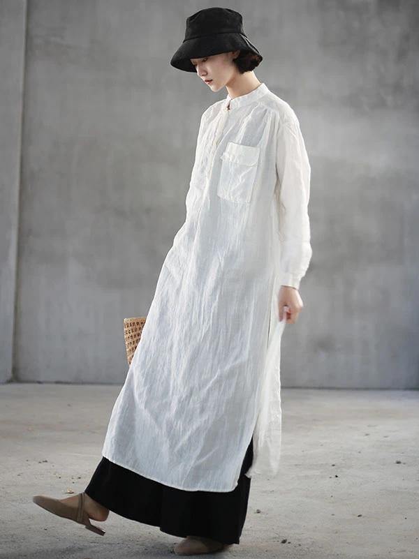 Loose white linen quilting clothes stand collar side open Art Dresses - SooLinen