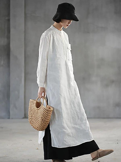 Loose white linen quilting clothes stand collar side open Art Dresses - SooLinen