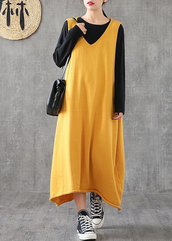 Loose yellow clothes Women v neck sleeveless loose Dress - SooLinen