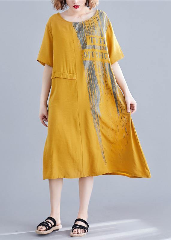 Loose yellow print cotton outfit o neck pockets long summer Dresses - SooLinen