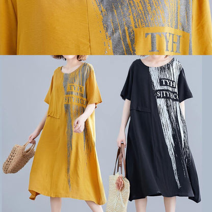 Loose yellow print cotton outfit o neck pockets long summer Dresses - SooLinen