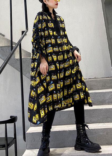 Loose yellow prints chiffon outfit drawstring long patchwork Dresses - SooLinen