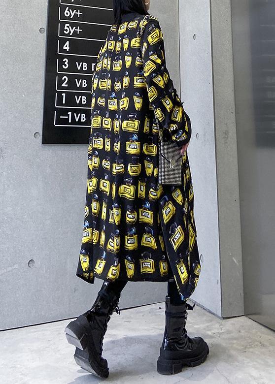 Loose yellow prints chiffon outfit drawstring long patchwork Dresses - SooLinen