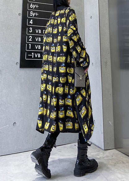 Loose yellow prints chiffon outfit drawstring long patchwork Dresses - SooLinen