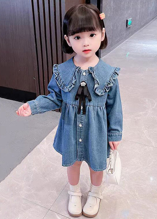 Lovely Blue Ruffled Button Shirt Girls Long Dress Long Sleeve