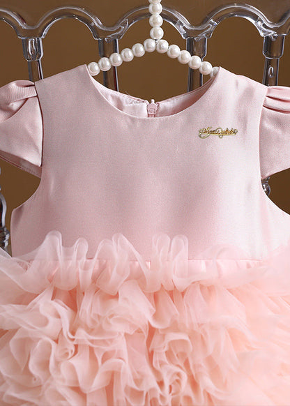 Lovely Pink Patchwork Tulle Kids Maxi Cake Dress Short Sleeve