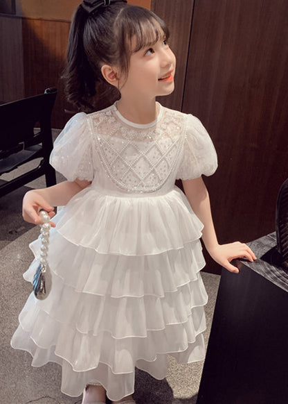 Lovely White Patchwork Sequins Tulle Kids Long Cake Dresses Summer