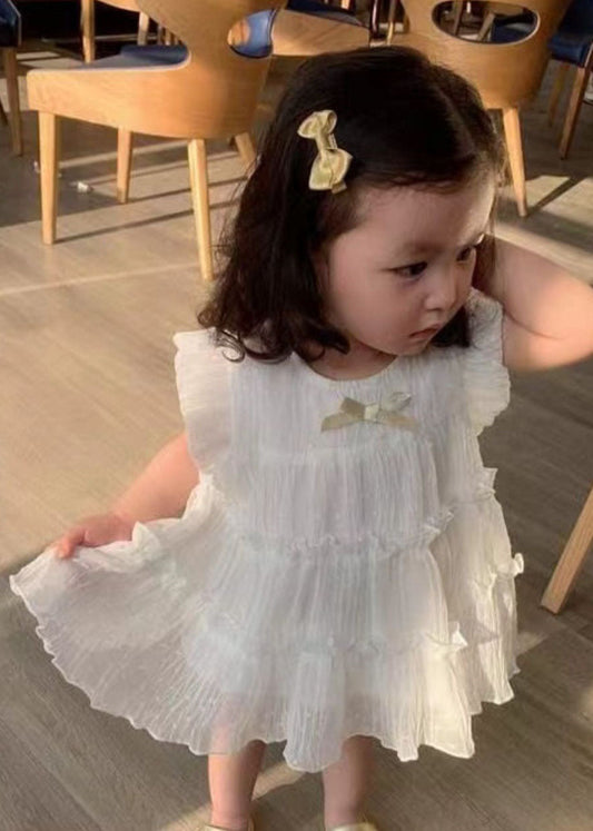 Lovely White Ruffled Patchwork Chiffon Kids Girls Long Dresses Summer