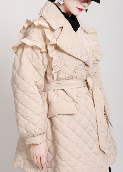 Luxury Khaki Pockets Button Ruffled tie waist Winter Cotton parka Long sleeve