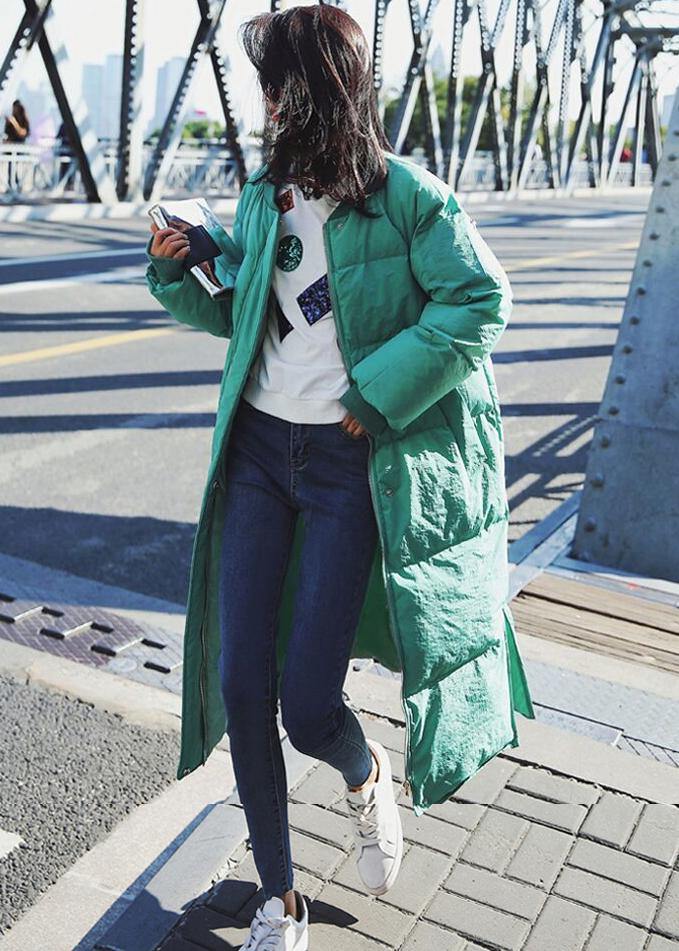 Luxury Loose fitting snow jackets winter outwear green o neck pockets duck down coat - SooLinen