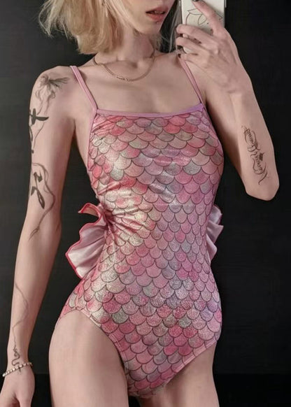 Luxury Pink Mermaid Ruffled Swimwear Bodysuit Tops