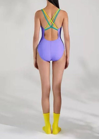 Luxury Purple Backless Cross Strap Swimwear Bodysuit Tops