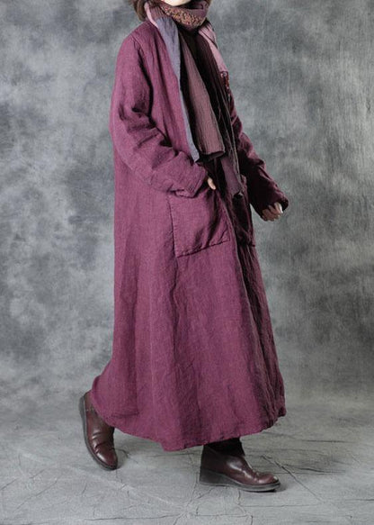 Luxury Purple Linen Button Pockets Winter Cotton Parka Long Sleeve - SooLinen