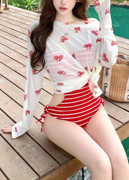 Luxury Red Striped Silm Fit Swimwear Bodysuit Tops