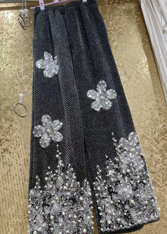 Luxury Sequin Flower Bead Embroidery Woolen Straight Leg Pants Winter