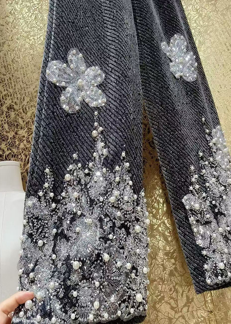 Luxury Sequin Flower Bead Embroidery Woolen Straight Leg Pants Winter