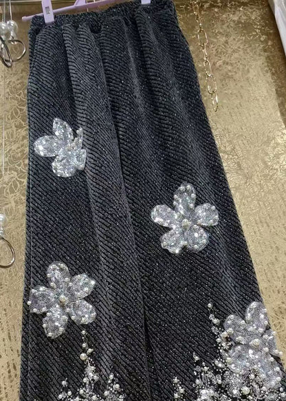 Luxury Sequin Flower Bead Embroidery Woolen Straight Leg Pants Winter