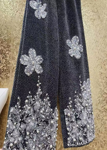 Luxury Sequin Flower Bead Embroidery Woolen Straight Leg Pants Winter