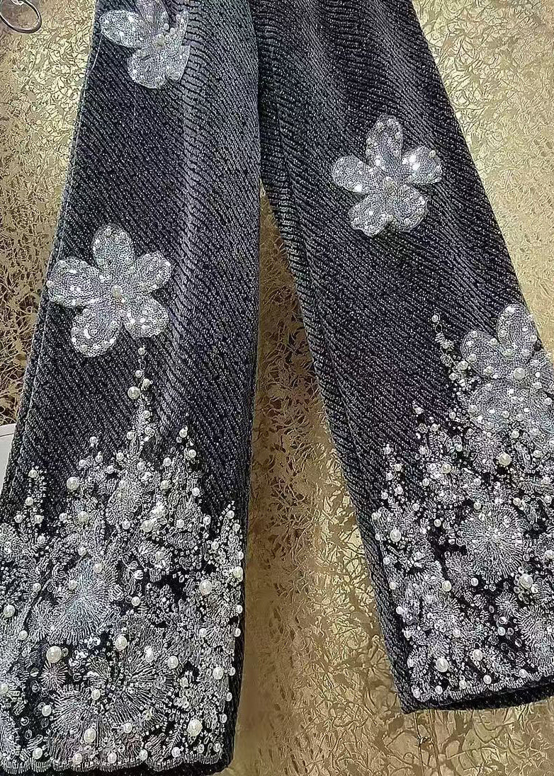Luxury Sequin Flower Bead Embroidery Woolen Straight Leg Pants Winter